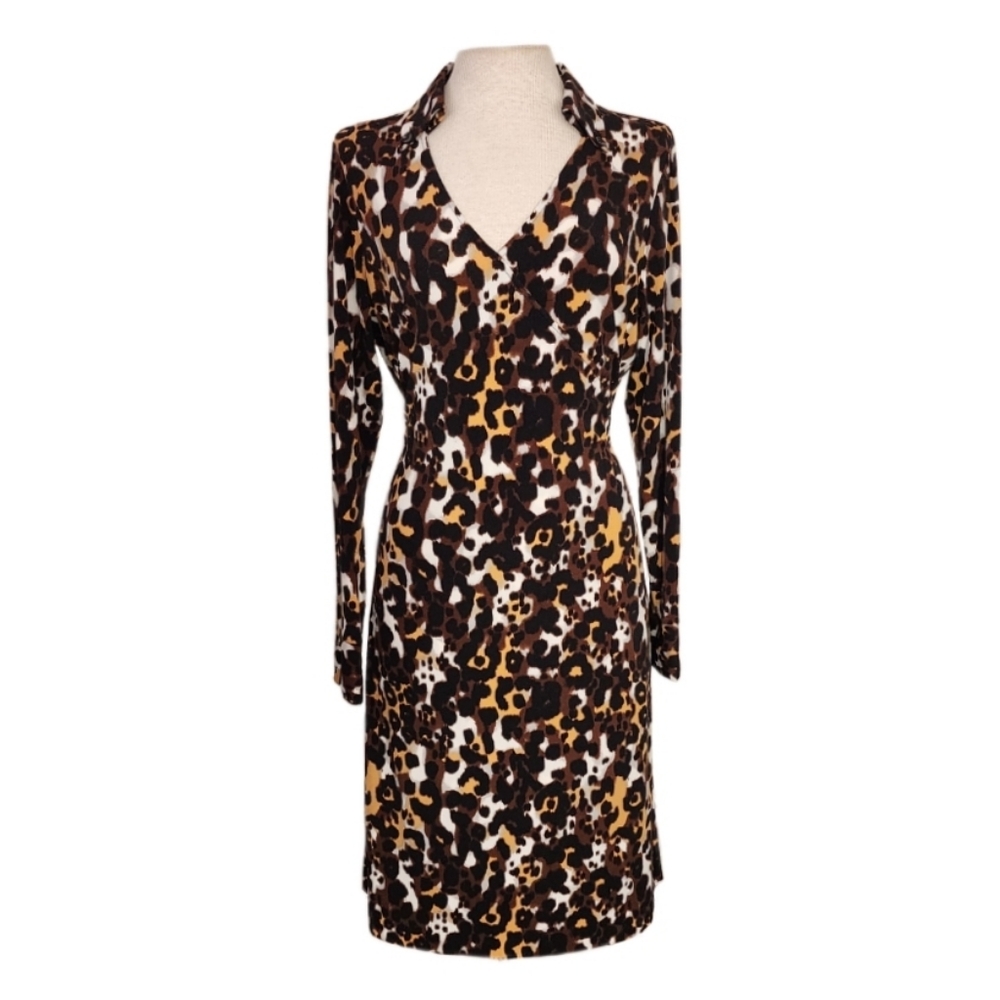 Dennis Basso Dress Leapard Print Faux Wrap Stretchy Long Sleeve V-Neck G… - Picture 3 of 12